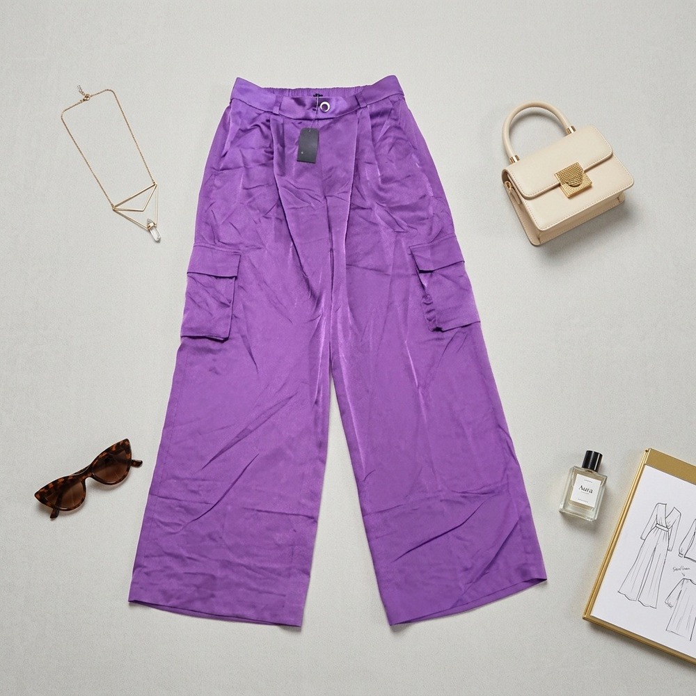 Tullea Los Angeles Satin Cargo Pants Womens XL Purple Wide Leg High Rise NWT